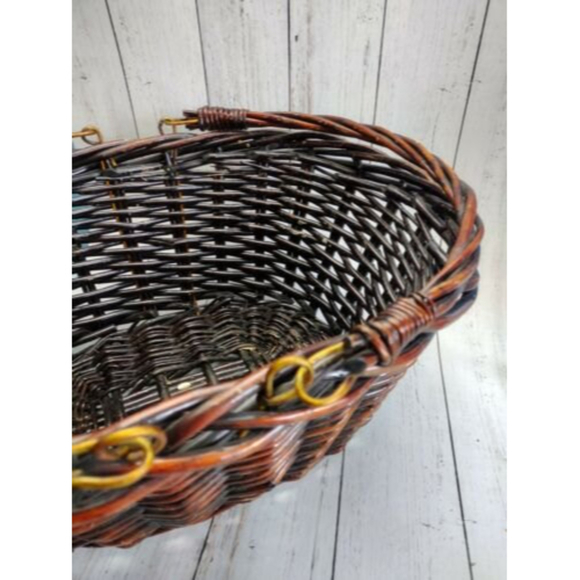 Vintage Swing Handle Woven Basket Dark Brown Deep Boho Picnic Storage Large - Picture 4 of 10